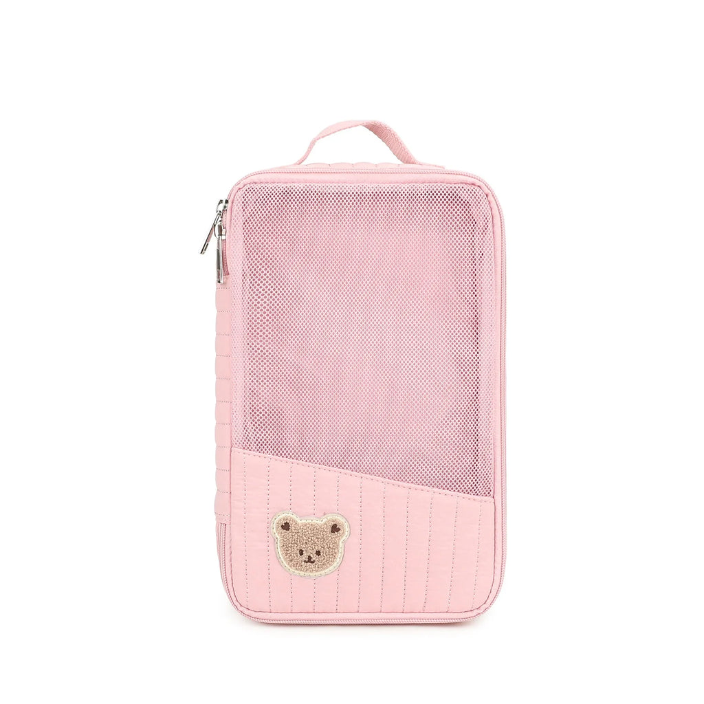 Cute Cartoon Bear Quilted Storage Bag Vertical Stripe Portable Travel Organizer for Baby Clothes Underwear Cosmetics Oasis Select Pink