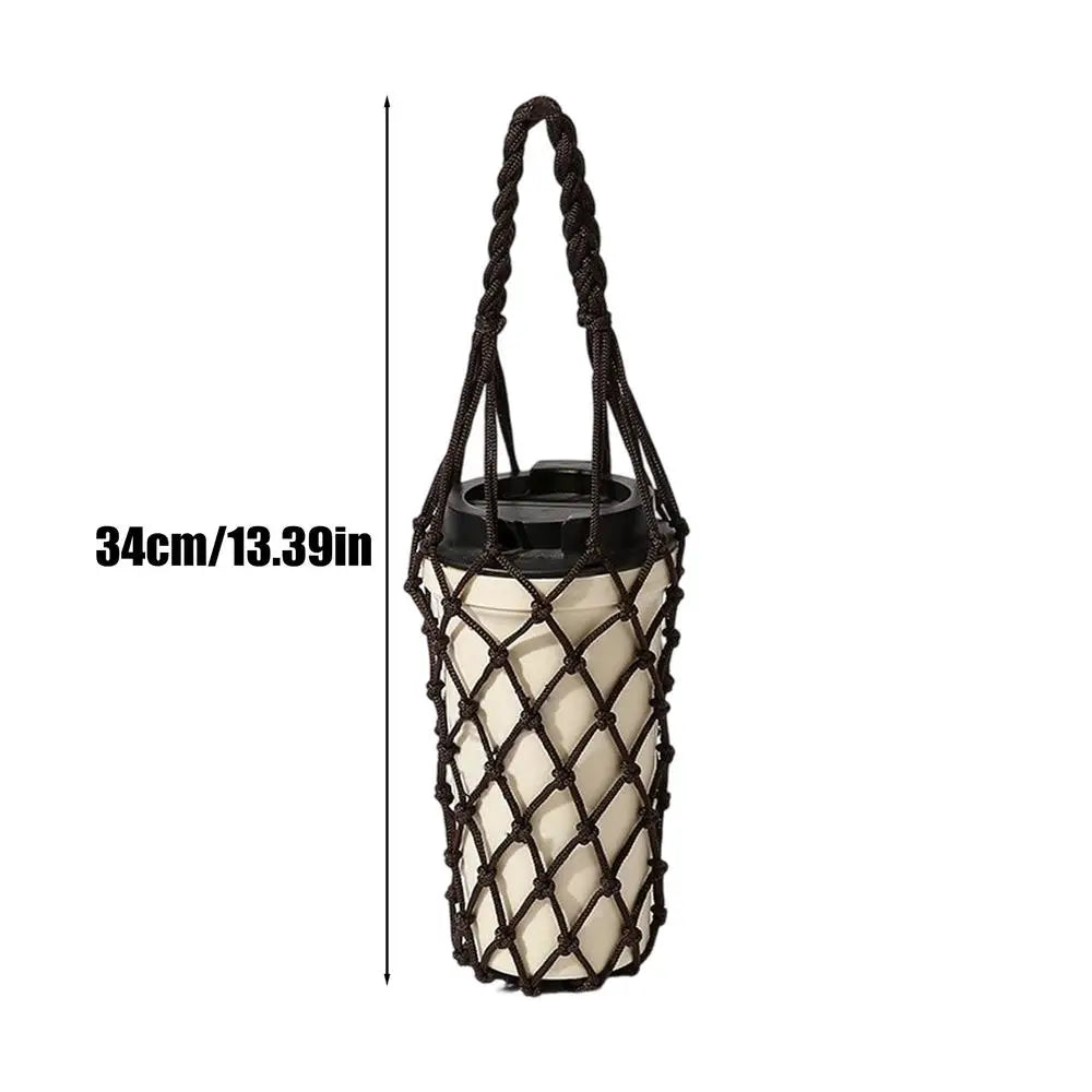 Water Bottle Bag Hand Woven Mesh Bag Reusable Hollow Out Water Cup Bag Handheld Kettle Bag for Camping Hiking Picnic Travel Oasis Select Black