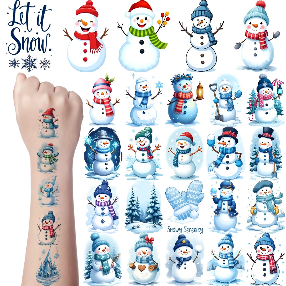 54pcs Winter Temporary Tattoos – Polar Bear, Snowman & Hearts