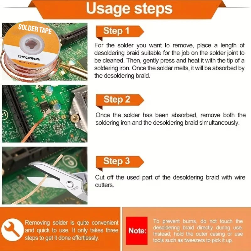 Desoldering Mesh Braid Tape Wire Repair Tool Copper Welding Point Solder Remover for Wire Soldering Wick Tin Lead Cord Flux Oasis Select