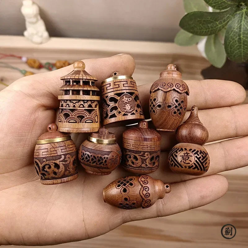Wood Hollow Carved Aromatherapy Bottle Mini Vase Pagoda Car Hanging Decoration Fragrance Diffuser Bottle Sealed Jar Pendant Oasis Select