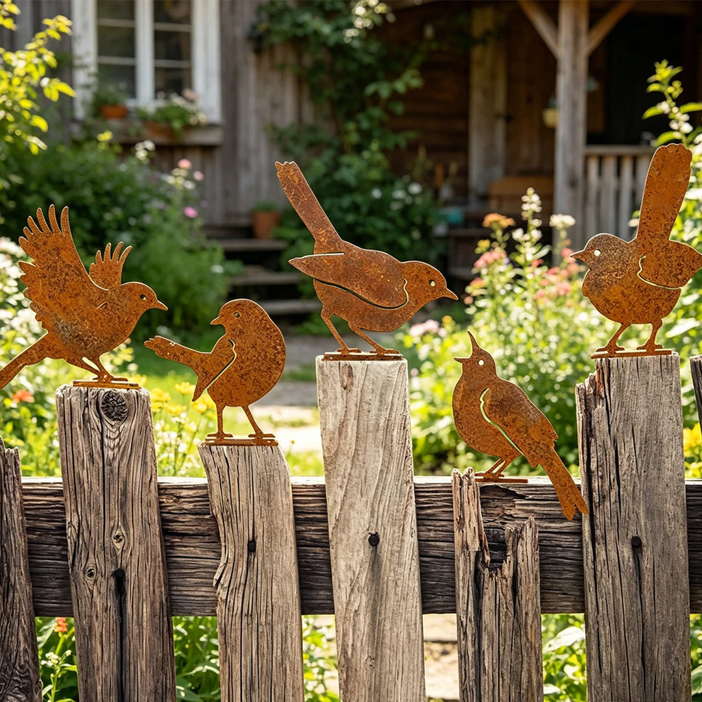 5PCS Metal Bird Wall Decor Rustic Farmhouse Outdoor Yard Art Garden Sculpture Fence Patio Ornament Weathered Steel Set Oasis Select