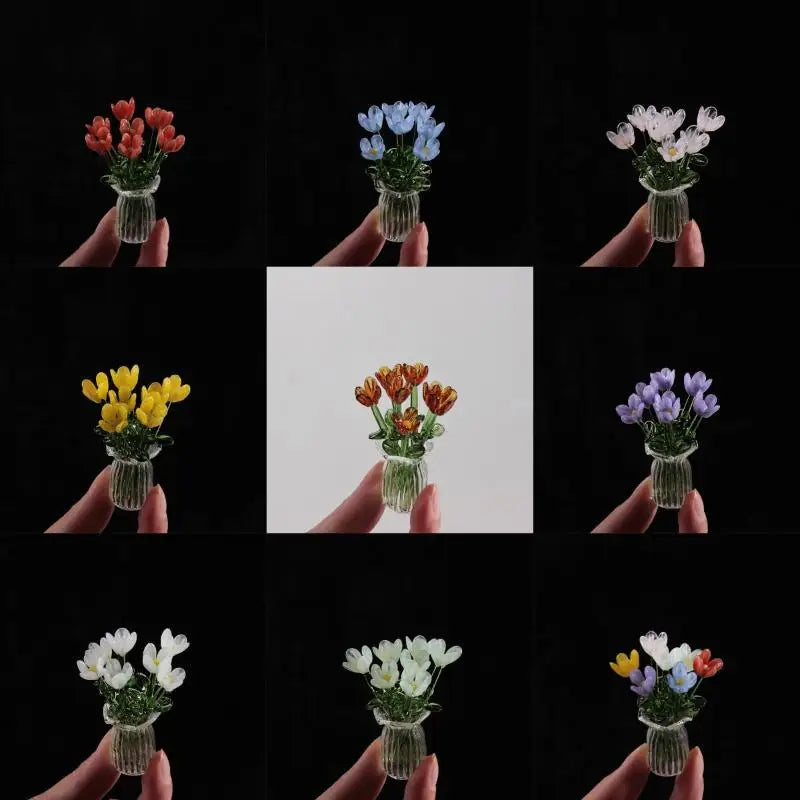 6/7Pcs Mini Lifelike Glass Flowers Simulation Flowers Handcrafted Floral Sculpture Floral Bouquet With Vase Home Decoration Gift Oasis Select