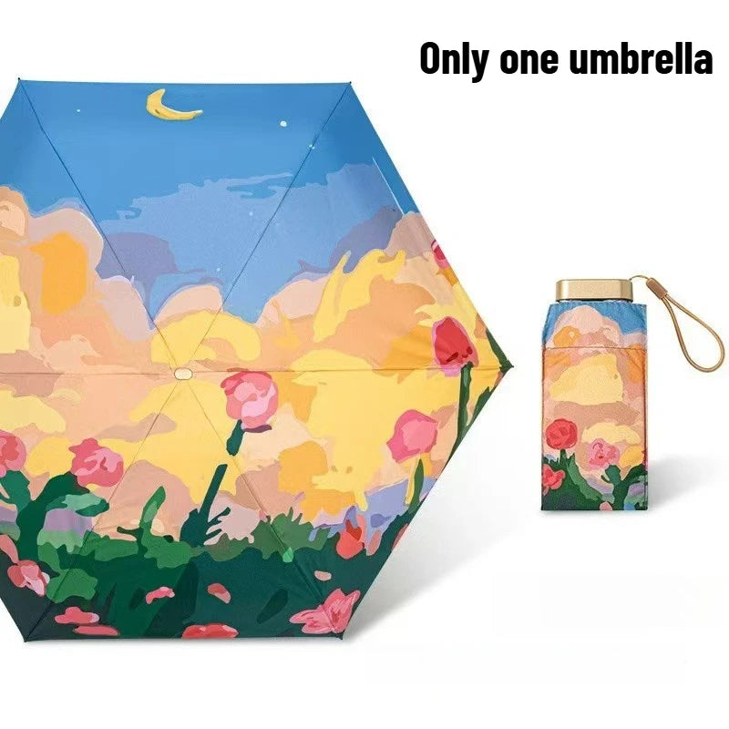 Ultra Slim 5-Fold Oil Painting Umbrella Chinese Style Portable Black Glue UV Protection Sun & Rain Dual Use Manual Parasol Oasis Select Rose iron 6K