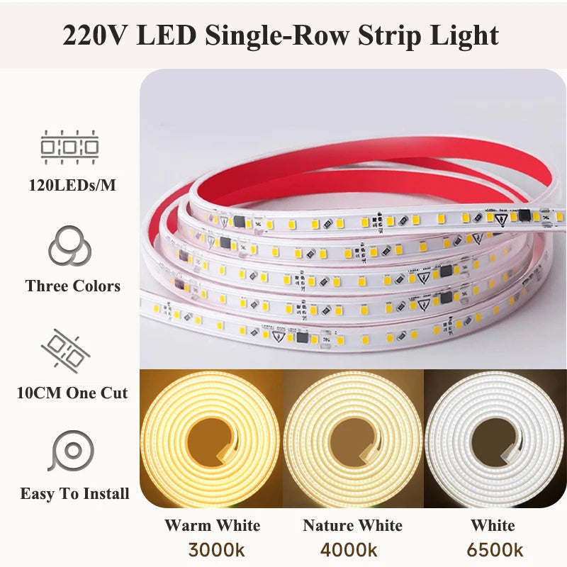 LED Lights Strips AC 220V SMD 2835 Outdoor LED Lights Waterproof 1M-30M AC 220 V LED Strips Self-Adhesive Lights Decor For Room Oasis Select