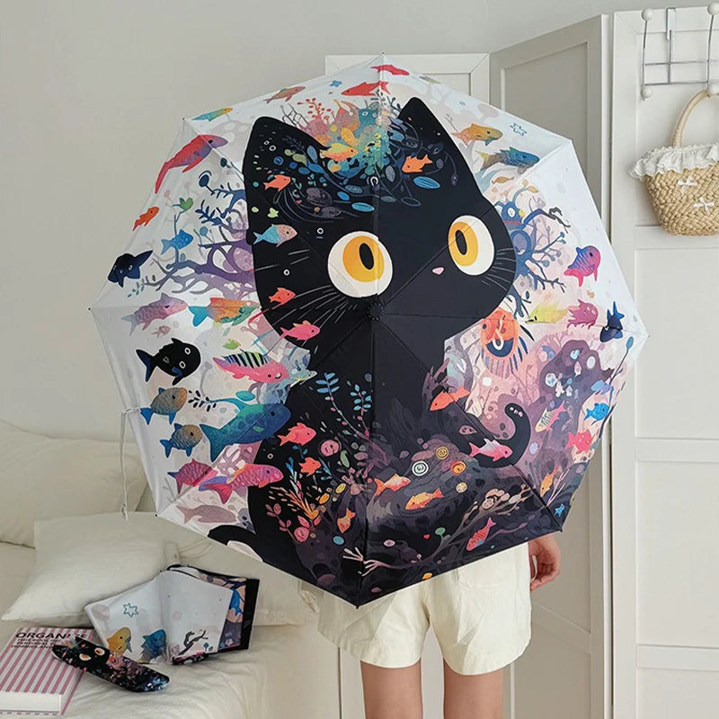 Cute Cartoon Fish and Cat Folding Umbrella Sun Protection Rain-proof UV Protection Umbrella Fully Automatic Sun Umbrella Oasis Select