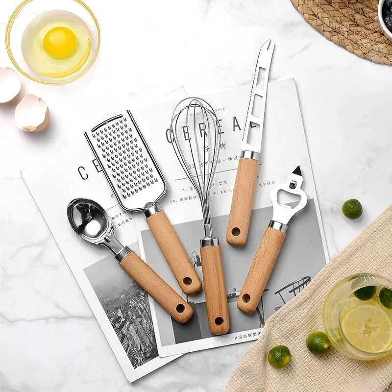 9pcs Cooking Utensils Set Wooden Handle Can Opener Baking Pizza Peeler Egg Beater Cheese Knife Ice Cream Spoon Kitchen Gadget Oasis Select