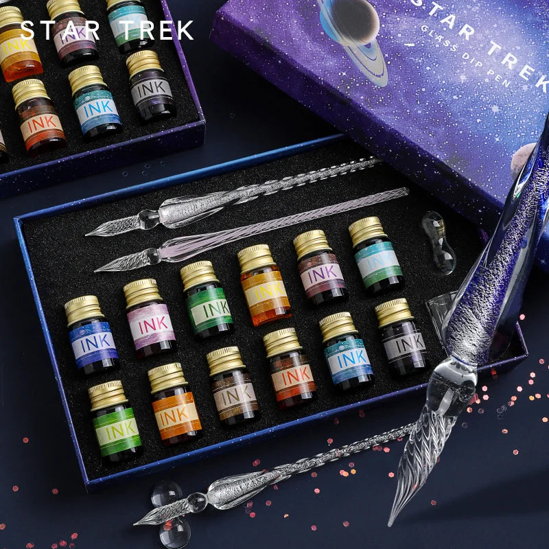 Free Starry Sky Glass Pen Set Signature Pen Crystal Student Dip Pen Glass Dip Pen Gift Pen Set of 16 Oasis Select