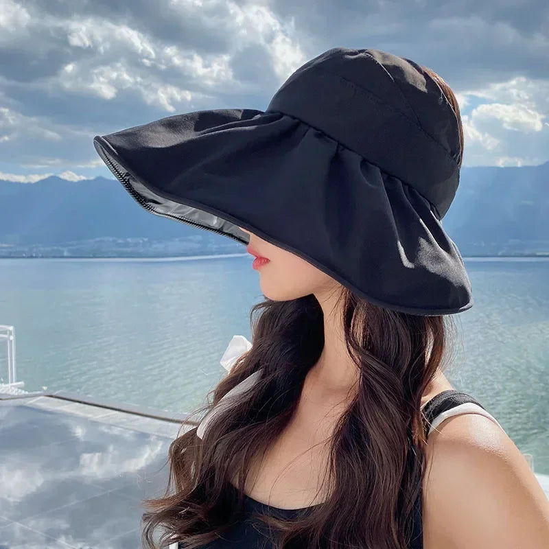 Big Brim Empty Top Sun Hat Summer Women Anti UV Large Eaves All Empty Top Hats Tidal Outdoor Foldable Riding Sport Visors Oasis Select black