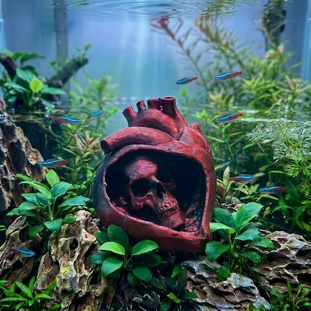 3D Printed Gothic Skull Heart Aquarium Decor Horror Statue Fish Tank Ornaments with Anatomical Design Aquarium Accessories Gifts Oasis Select