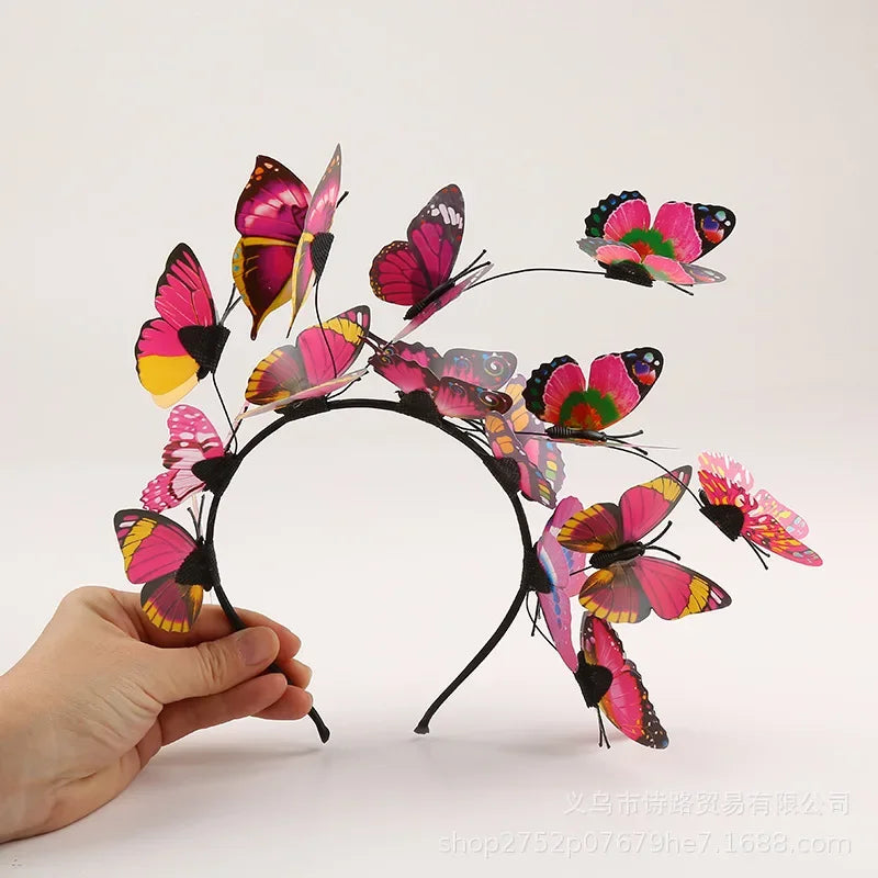 Womens Fairy Wreath Headband with Butterfly Jewelry Flower Garland Hair Band for Wedding Party Bridal Hair Accessory Oasis Select Rose red