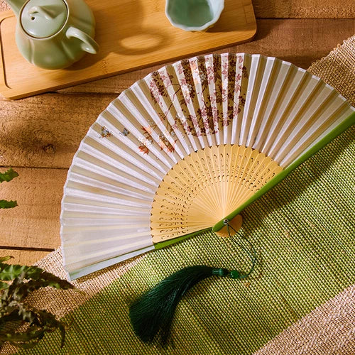 21cm Chinese style retro style green series Cherry Blossom gradient folding fan daily portable dance cheongsam fan Oasis Select 4