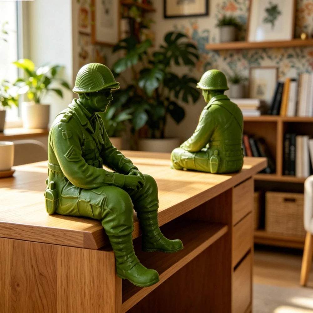 Retro Army Man Sitting Posture Figurine Shelf Decor Helmet Soldier Ornament Military Fan Gifts Minimalist Home Office Desk Decor Oasis Select