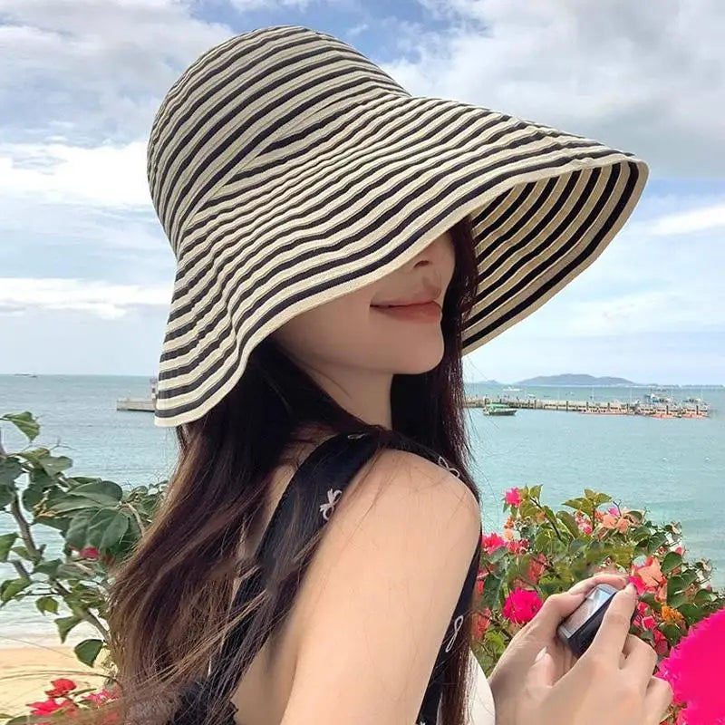 Striped Wide Brim Sun Hat Fisherman Cap Lightweight Summer Sun Hat for Women Color-block Striped Fisherman Hat for Beach Journey Oasis Select