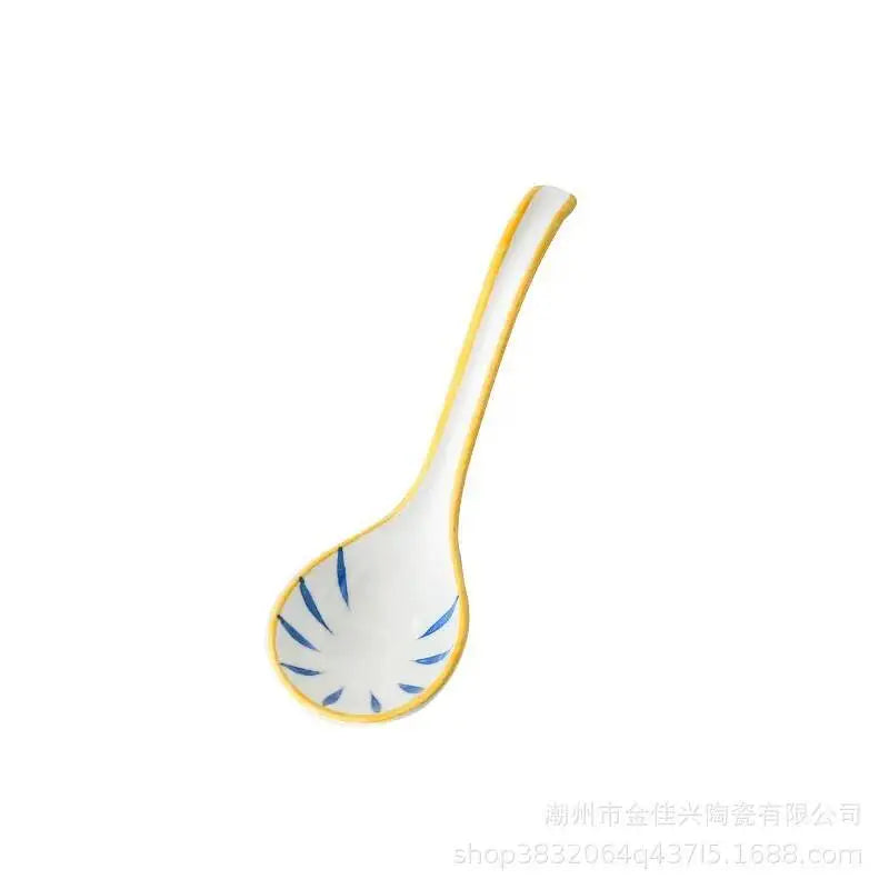 Japanese Style Spoon Ceramic Soup Spoon Daily Ceramic Soup Spoon Ramen Extended Handle Small Spoon Bent Spoon Tableware Oasis Select Ripples