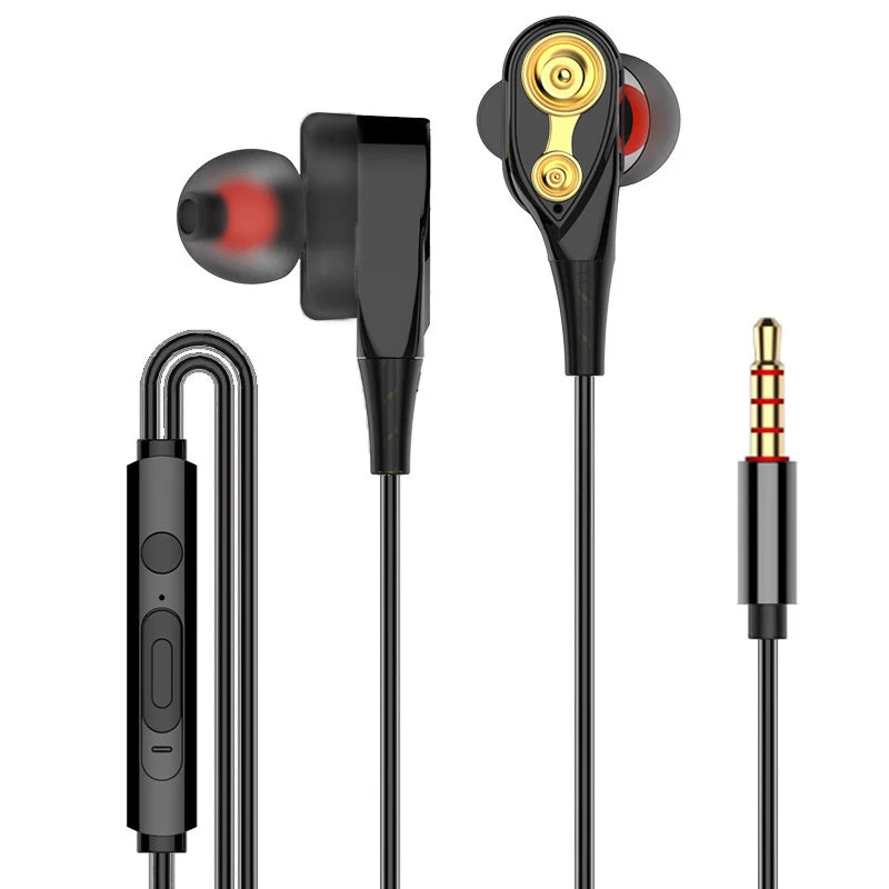 Double Moving Coil Headphones 3.5mm AUX With Mic Dynamic Headset In-Ear Music Gaming Sport Earbuds Bass Surround Shocking Sound Oasis Select Black