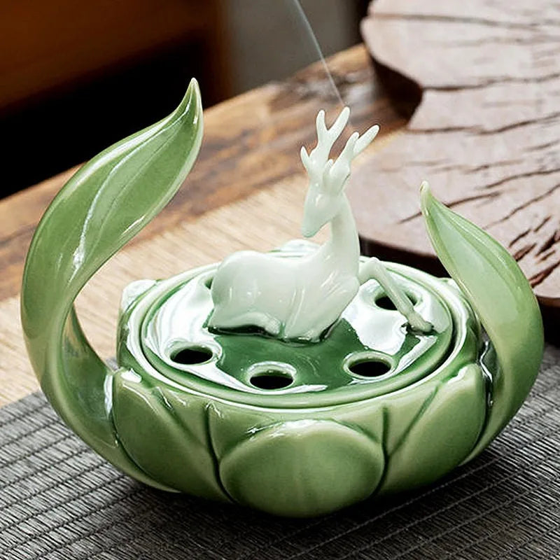Lotus and Deer Incense Burner Elegant Zen Style Holder for Home Fragrance and Meditation Decor Creative Ceramics Handicraft Oasis Select