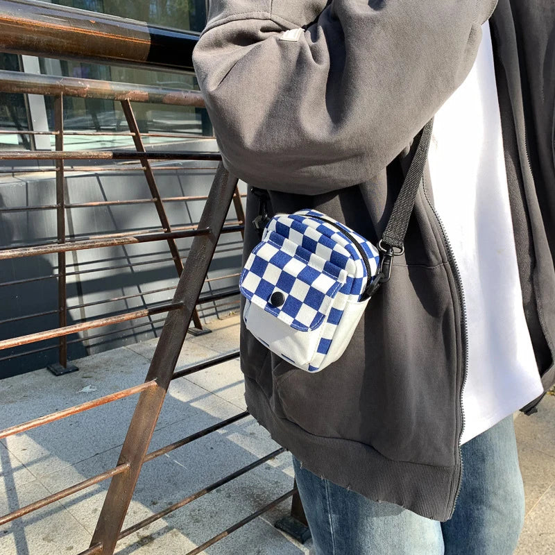 Men Sports Messenger Bag Adjustable Strap Daily Commute Travel Essential Mini Checkered Square Design With Front Fashion Pocket Oasis Select