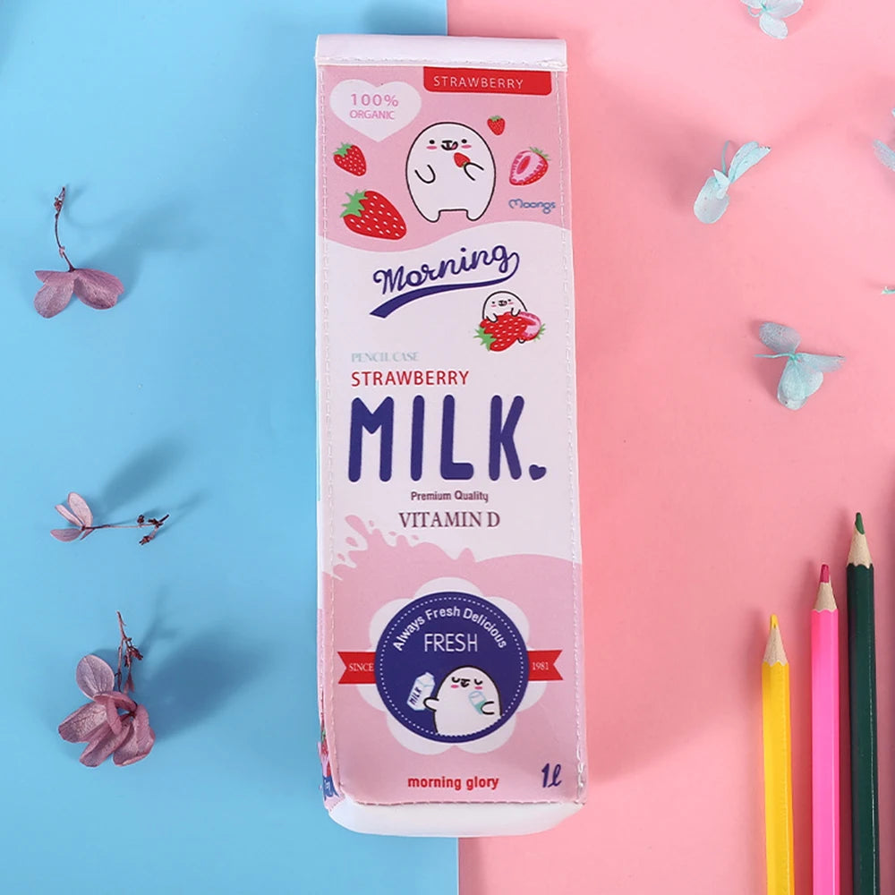 Cute Cartoon Milk Pencil Case – Large Capacity Student Bag