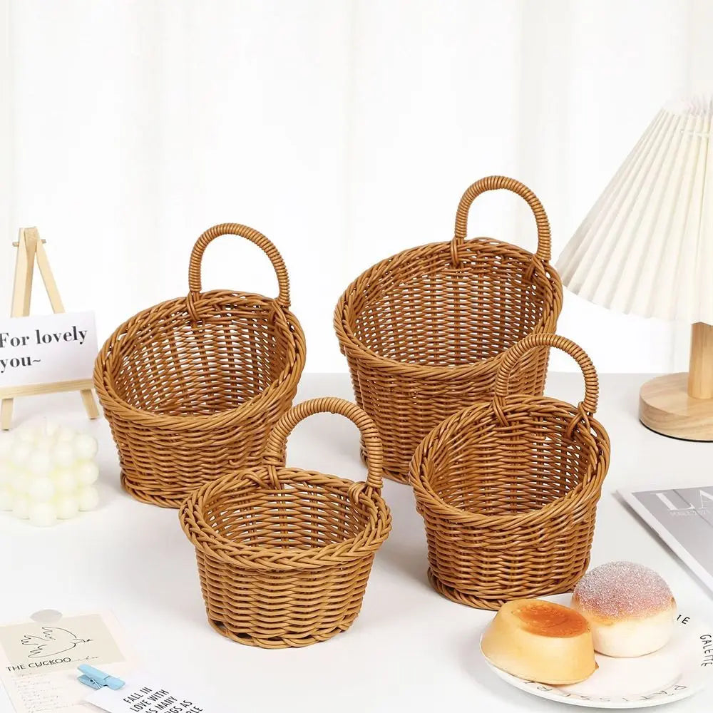 Imitation Rattan Kitchen Storage Basket with Handle Brown Hand-woven Hanging Baskets Home Decoration Living Room Oasis Select