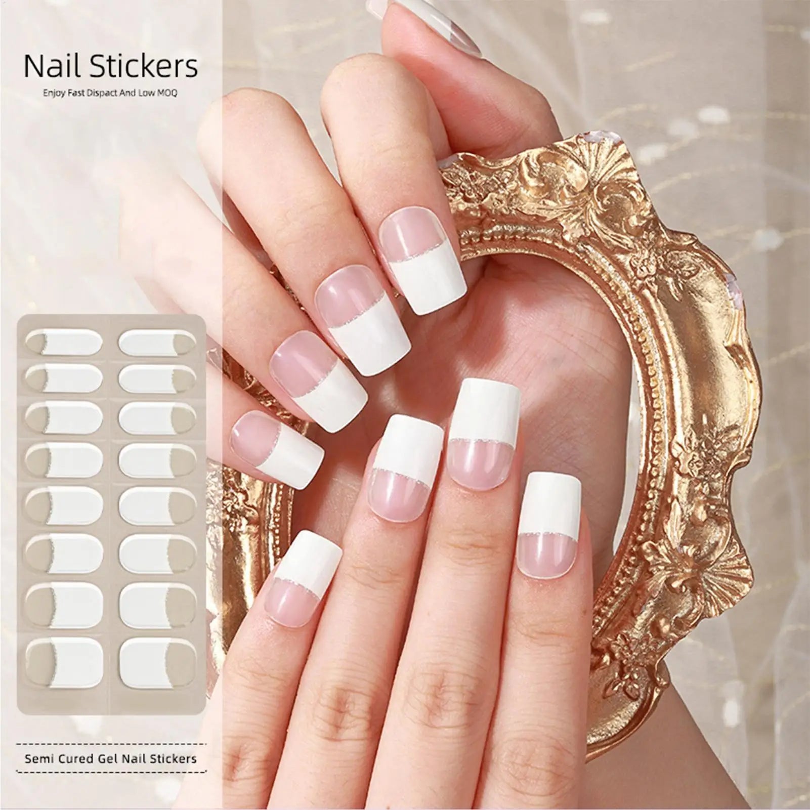 Semi Cured Gel Nail Strips French Gel Sticker Nails No Damage Manicure Supplies for Women Wife Ladies Girls Beauty Lovers Oasis Select