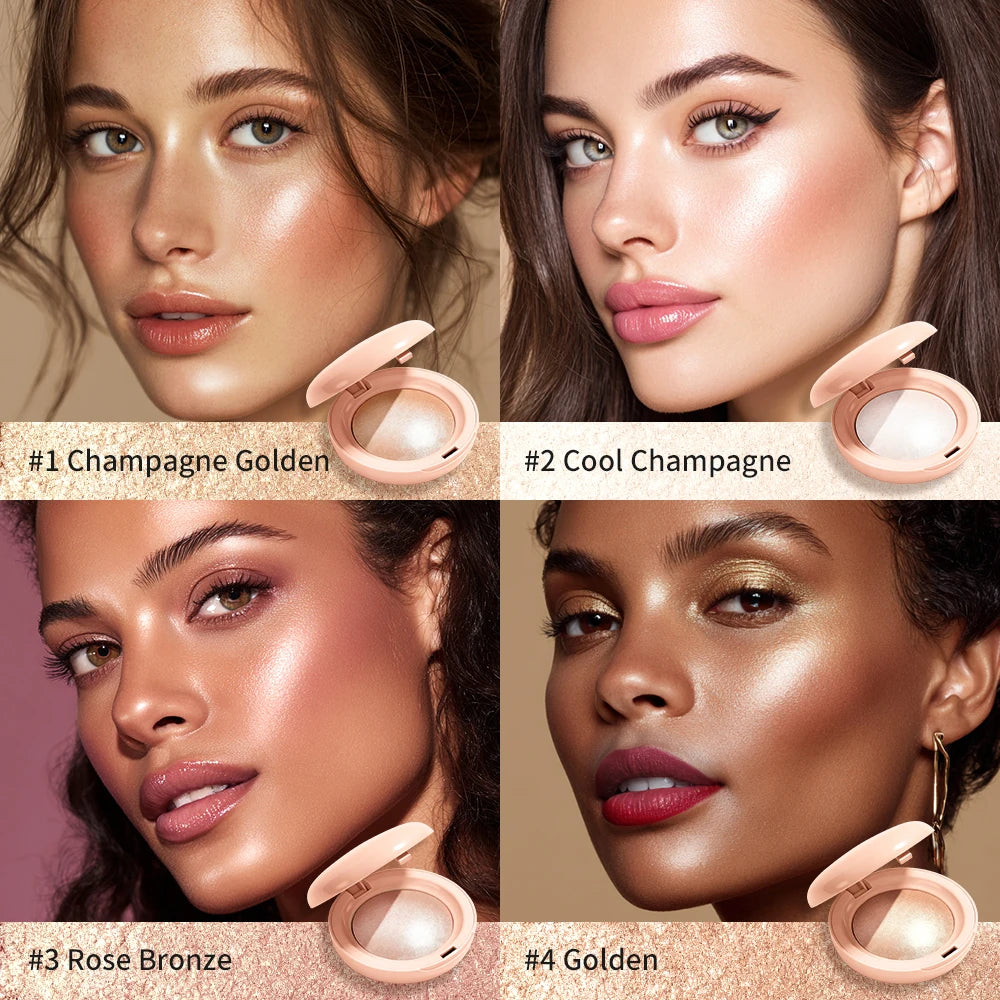 Baked Shimmer Highlighter Powder with Brush – 4 Shades Baked Highlighter Powder Oasis Select