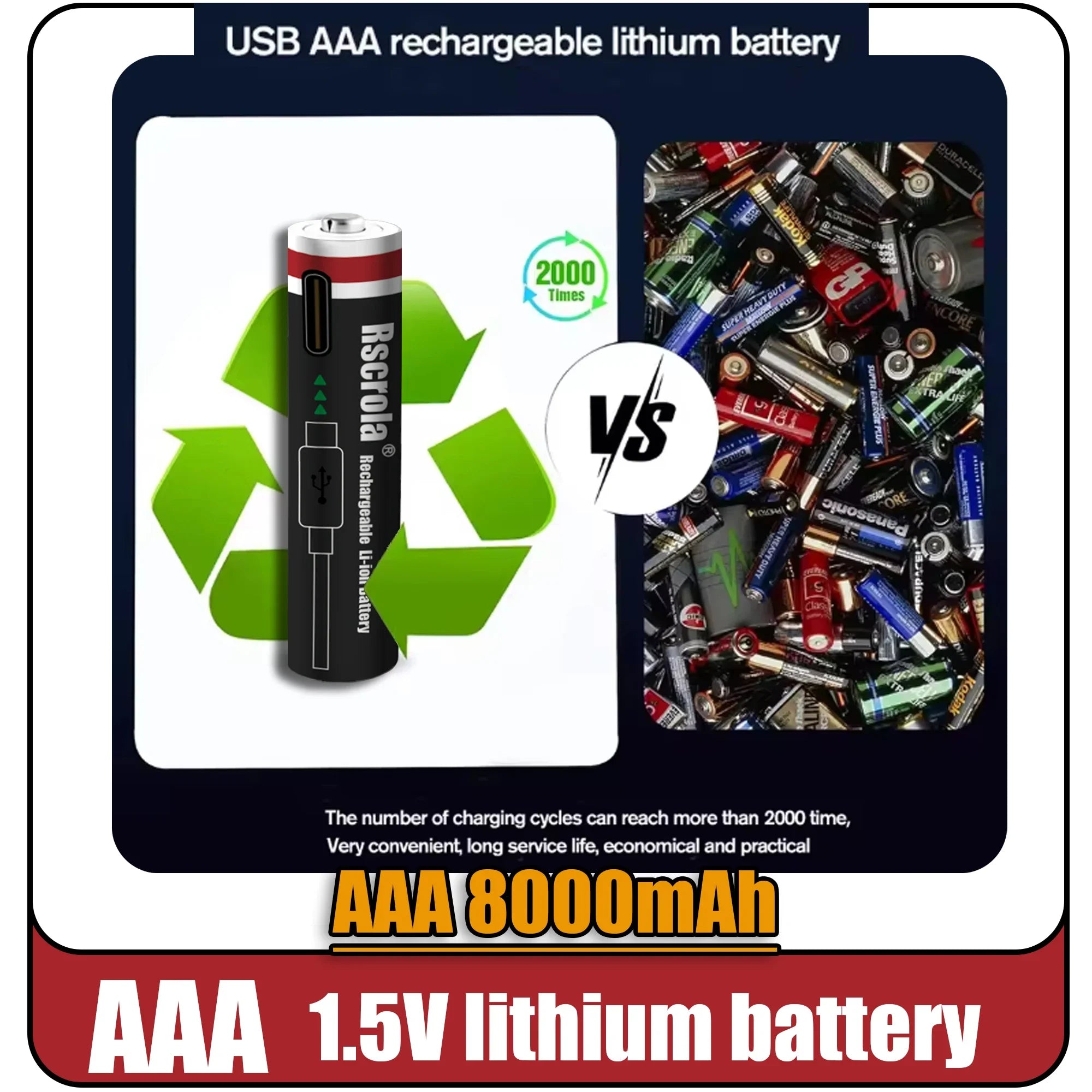 AAA 1.5V 8000mAh Lithium Batteries USB Rechargeable AAA Battery with 4-in-1 USB Cable for Toys Camera Flashlight Oasis Select