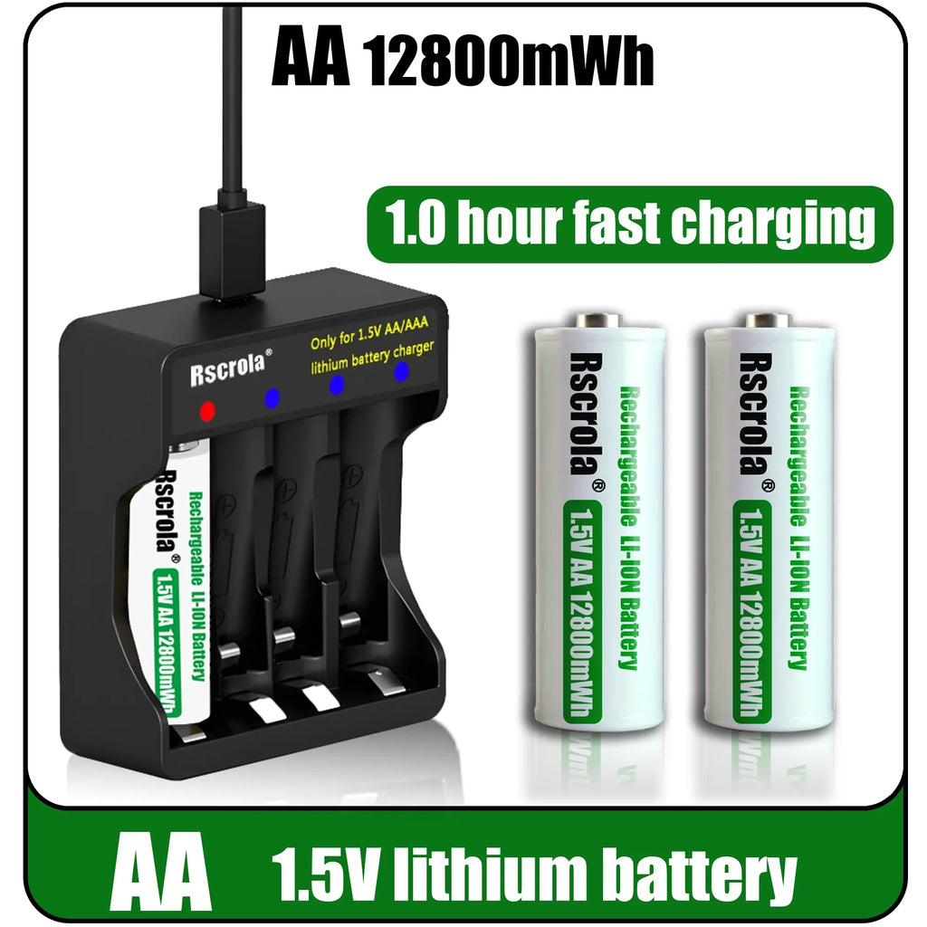 Universal Rechargeable 1.5V AA 12800mWh Lithium ion Battery Fast charging with Charger for Camare Clock Mouse Fan Electric Toys Oasis Select