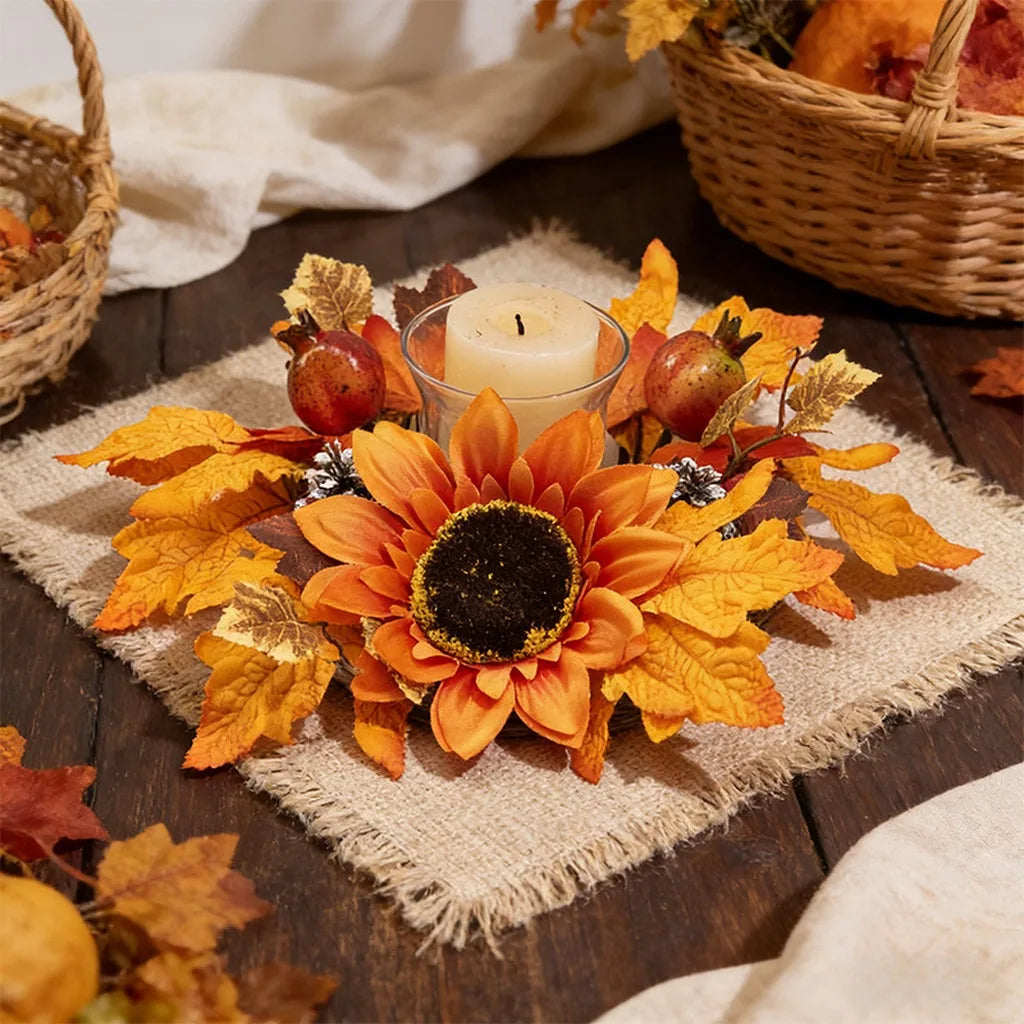 Thanksgiving Candle Holder Nordic Aesthetic Fall Maple Leaf Decoration Artificial Sunflower Wreath High Simulation For Harvest Oasis Select