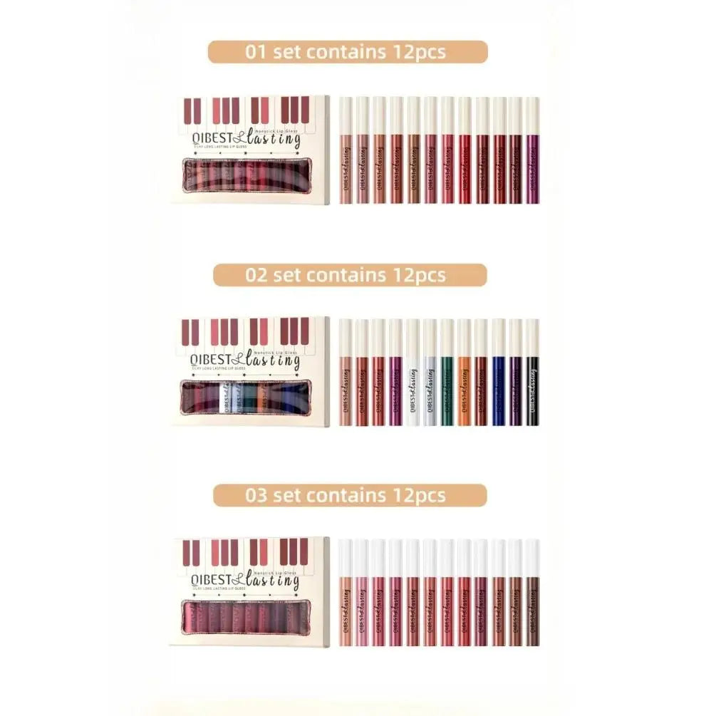 QiBest Matte Lip Gloss Set – 12 Waterproof Shades Long Lasting