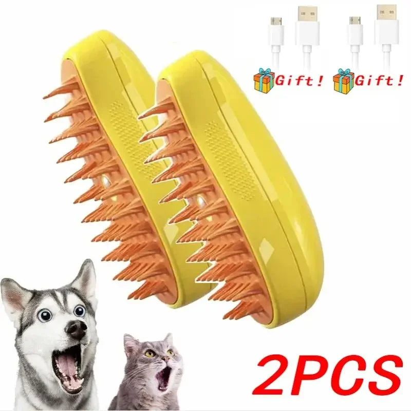3-in-1 Dog Hair Cat Hair Brush Electric Pet Cleaning Brush Steam Spray Brush Massage Hair Removal Comb Anti Flying Brushes Oasis Select 2PCS-Yellow