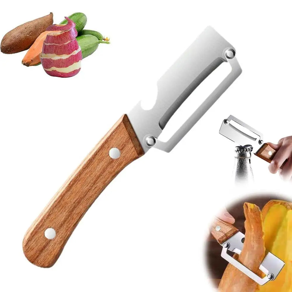 Stainless Steel Peeler Vegetable Fruit Peeling Tool Bottle Opener With Ergonomic Wooden Handle Multifunction Kitchen Tool Oasis Select Khaki