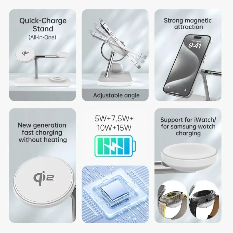 QI2 Wireless Charging Station for Apple / Samsung 3 in 1 Charger Stand Dock for iPhone 12-16 AirPods Apple Watch 10 9 8 7 6 5 Oasis Select