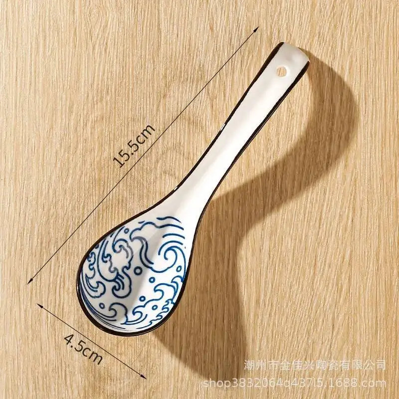 Japanese-style Small Blue And White Ceramic Spoon With Underglaze Decoration, Extended Length For Soup And Noodle Serving Oasis Select 4