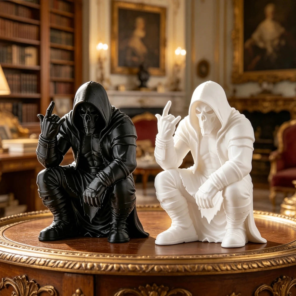 Creativity Hooded Skull Figurine Ornaments Squatting Gothic Grim Reaper Statue Handicraft Desktop Ornament for Home Office Decor Oasis Select