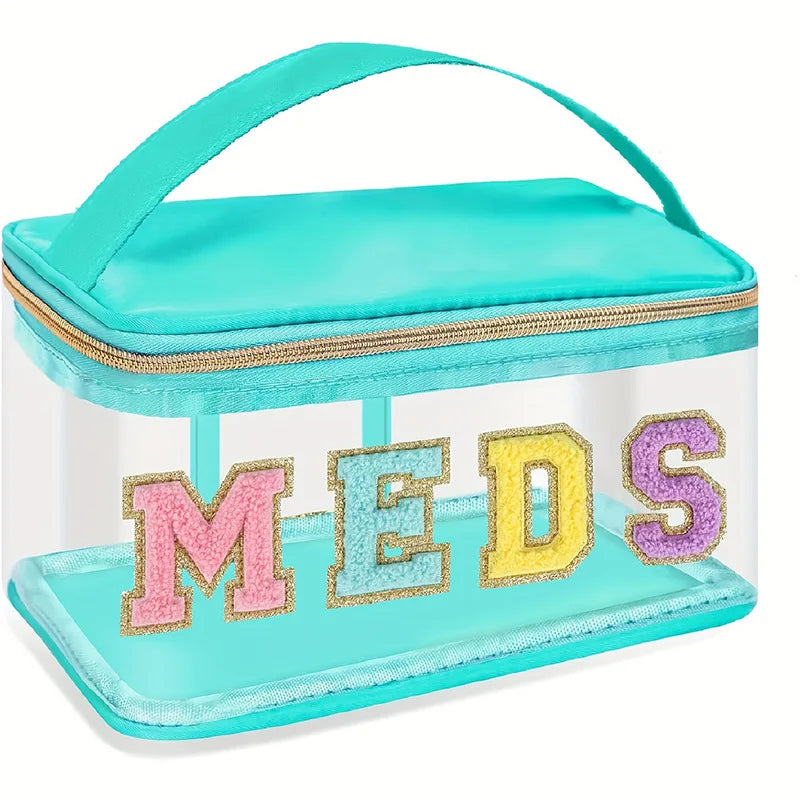 1PC Fashion letter patch cosmetic bag Clear handle nylon zipper travel medicine bag suitable for patients and nurses Oasis Select green