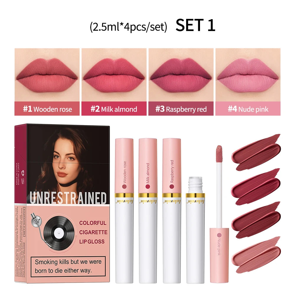4pcs/set Velvet Lip Gloss Matte Liquid Lipstick Waterproof Long Lasting Tint Cigarette Tube Pigment Red Pink Makeup Oasis Select set 1
