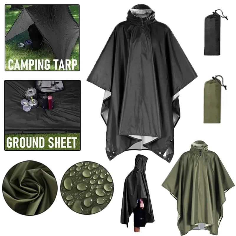 Outdoor 3 In 1 Military Raincoat Hooded Sleeve Waterproof Rain Poncho Motorcycle Rain Cover Camping Hiking Travel Rainwear Tent Oasis Select