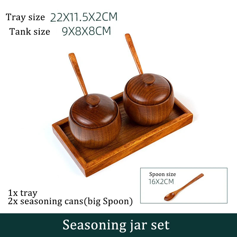 Wooden Seasoning Jar Creative Kitchen Retro Salt Sugar Pot Seasoning Storage Jar With Lid Spoon Wooden Tray Storage Containers Oasis Select 3pc small tray set 1