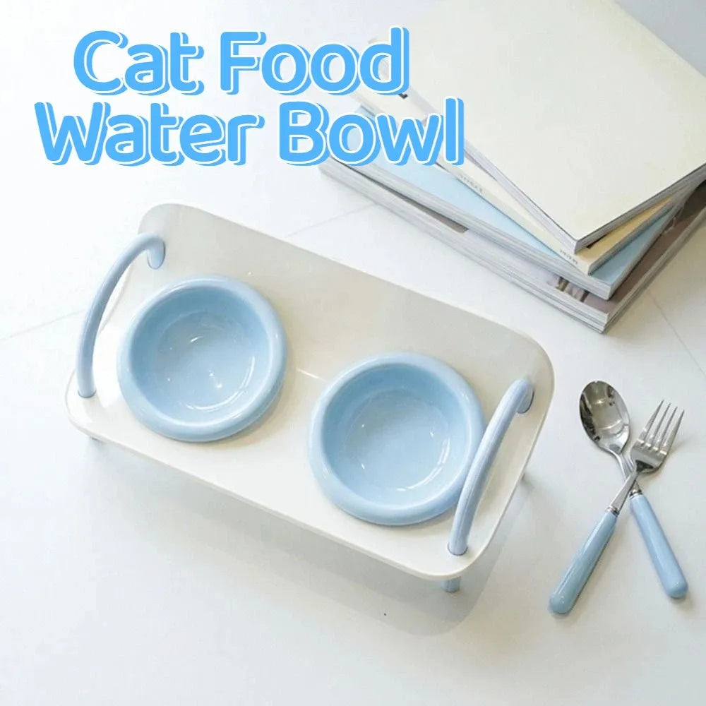 Ceramic Pet High Footed Bowl Non-Slip Anti-flip Elevated Pet Feeder Bowl Neck Protection Double Bowls Cat Food Water Bowl Oasis Select