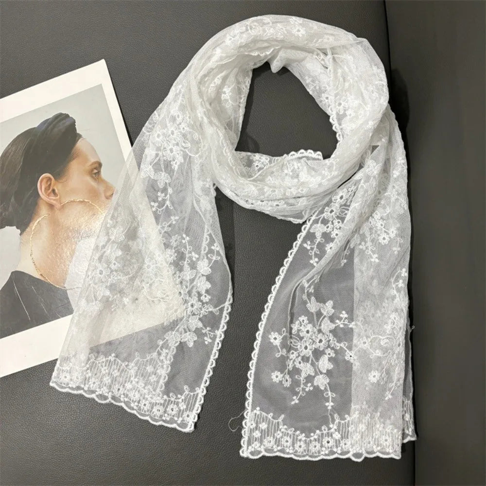 Retro Embroidered Flower Lace Scarf Breathable Mesh Long Sunscreen Shawl Lightweight Female Headscarf Spring Oasis Select Style 8