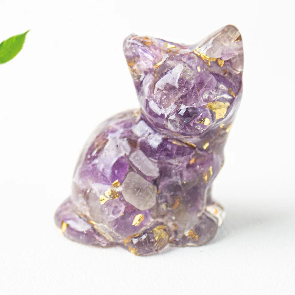 Natural Crystal Gravel Resin Sitting Turning Face Cat Figurine With Gold Foil Cute Desktop Decor For Home Office Oasis Select Purple