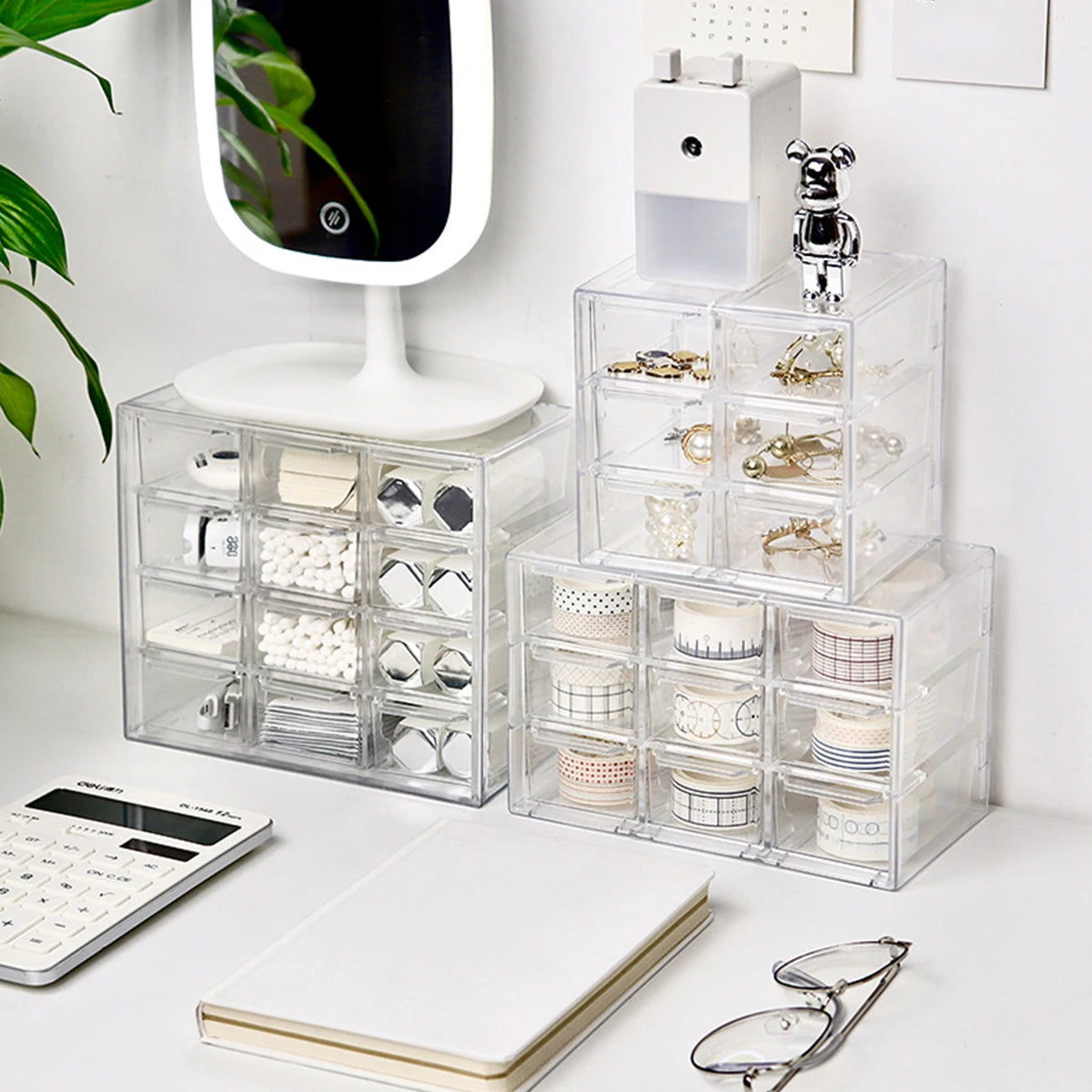 Transparent Desktop Multi Grid Jewelry Box Drawer Type Lipstick Cosmetics Dustproof Storage Box Oasis Select