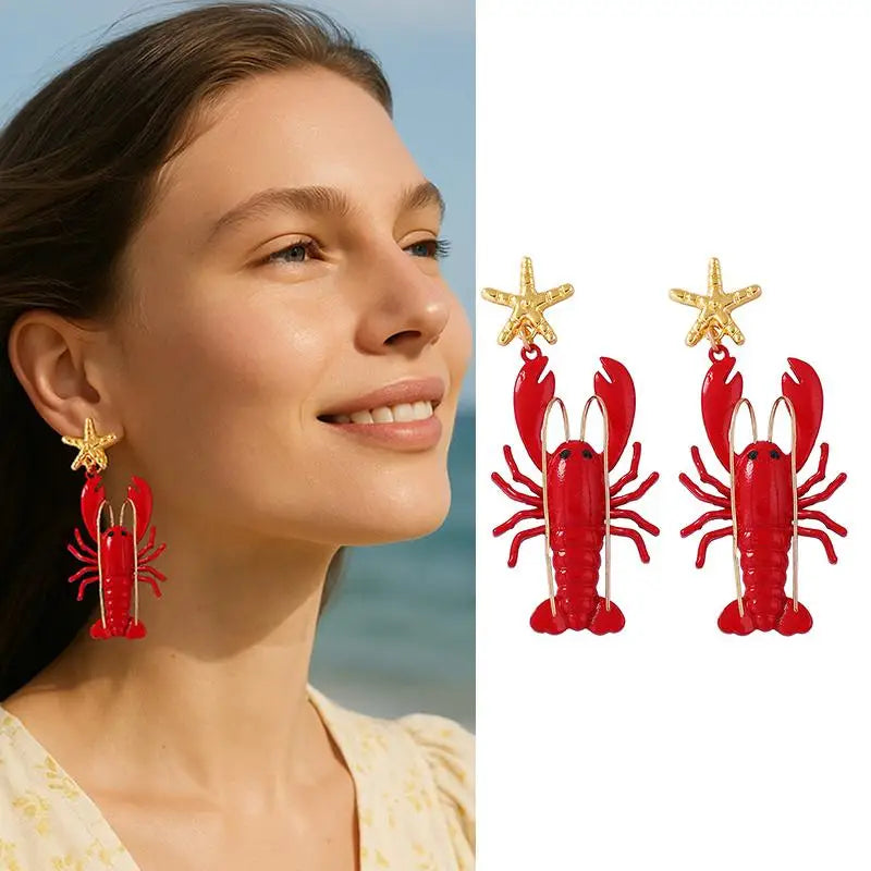 Creative Long Whisker Painted Lobster Earrings Cartoon Ocean Style Animal Dangles Unique Red Summer Jewelry Gifts for Women Oasis Select