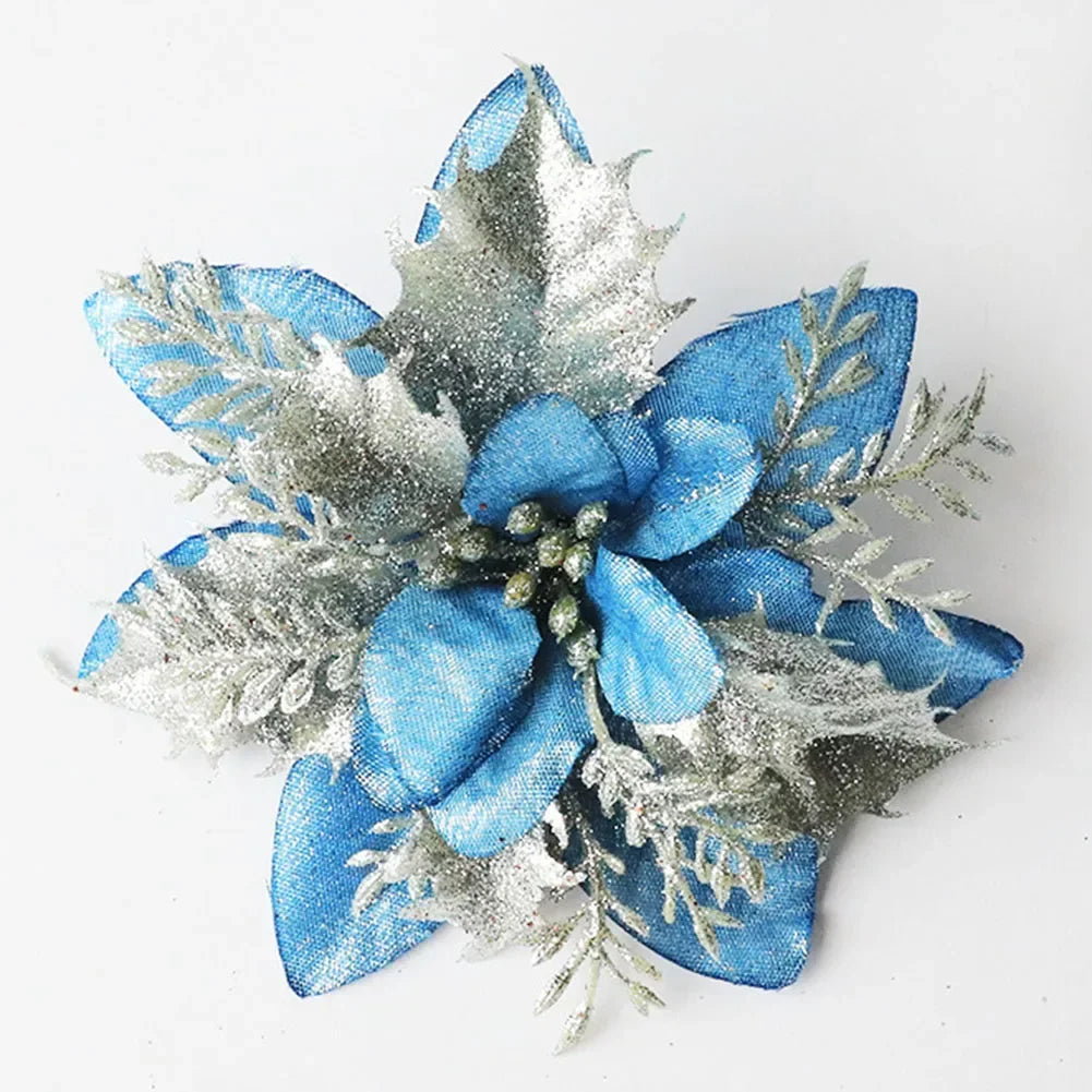 Christmas Poinsettia Glitter Flower Hanging Xmas Party Tree Decoration Xmas Tree Ornament Home Decoration Navidad New Year Oasis Select light blue China Mainland