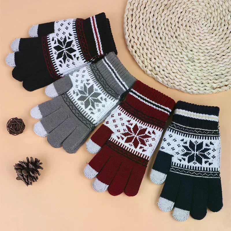 Winter Knitted Touchscreen Gloves – Snowflake Embroidery