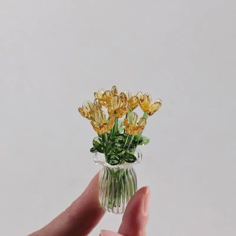 6/7Pcs Mini Lifelike Glass Flowers Simulation Flowers Handcrafted Floral Sculpture Floral Bouquet With Vase Home Decoration Gift Oasis Select A12
