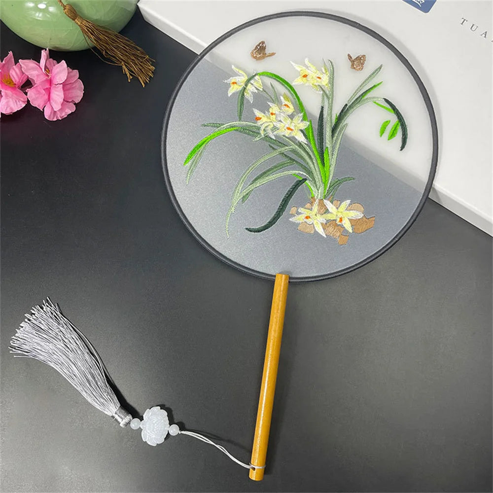 Round Double Sided Embroidery Fan Chinese Style Wooden Handle Embroidery Round Fan with Pendant Handheld Flower Silk Fan Oasis Select Style 10