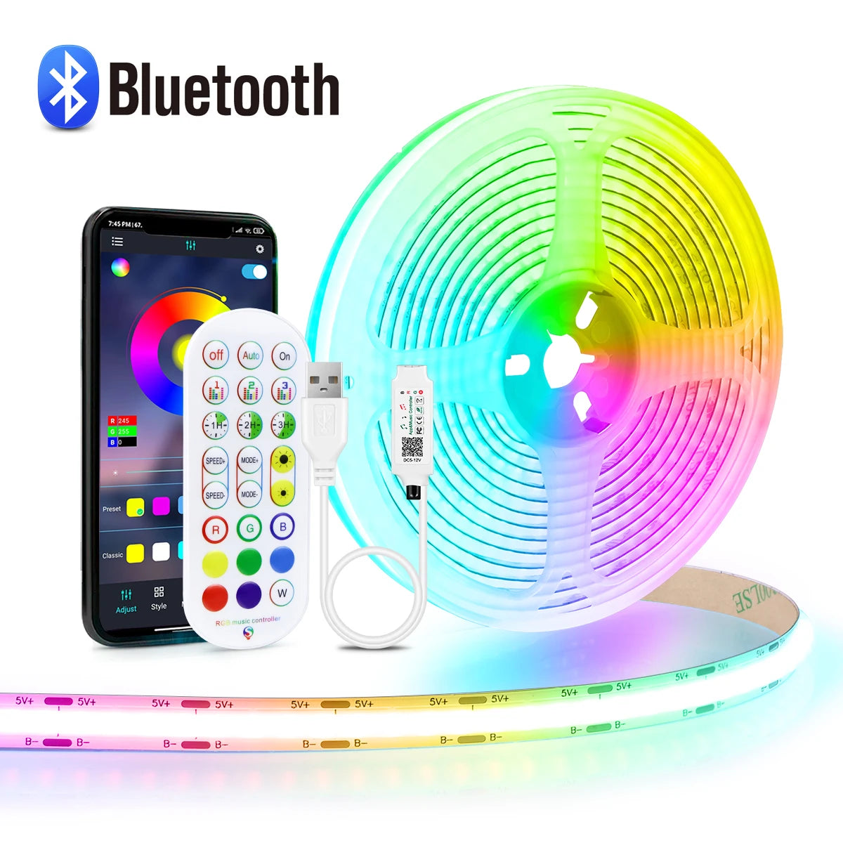 USB 1-5m LED Light Strip RGB Bluetooth 24keys Remote Control Sync with Music COB Linear Dimmable Tape Room TV Blacklight Decor Oasis Select