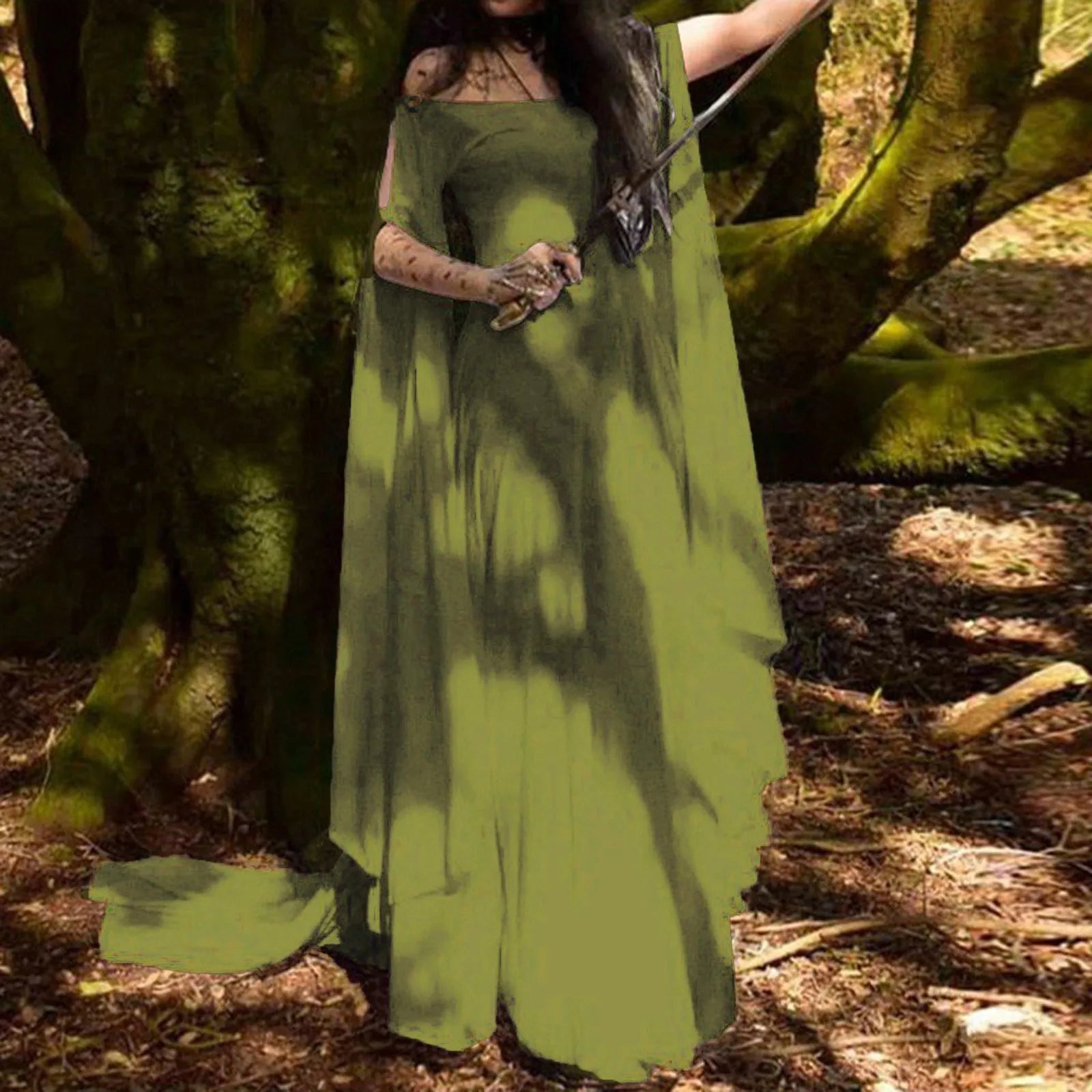 Women Halloween Dress Retro Cosplay Vintage Party Club Elegante Solid Off Shoulder Dress Maxi Funny Halloween Elf Dress Oasis Select Green L